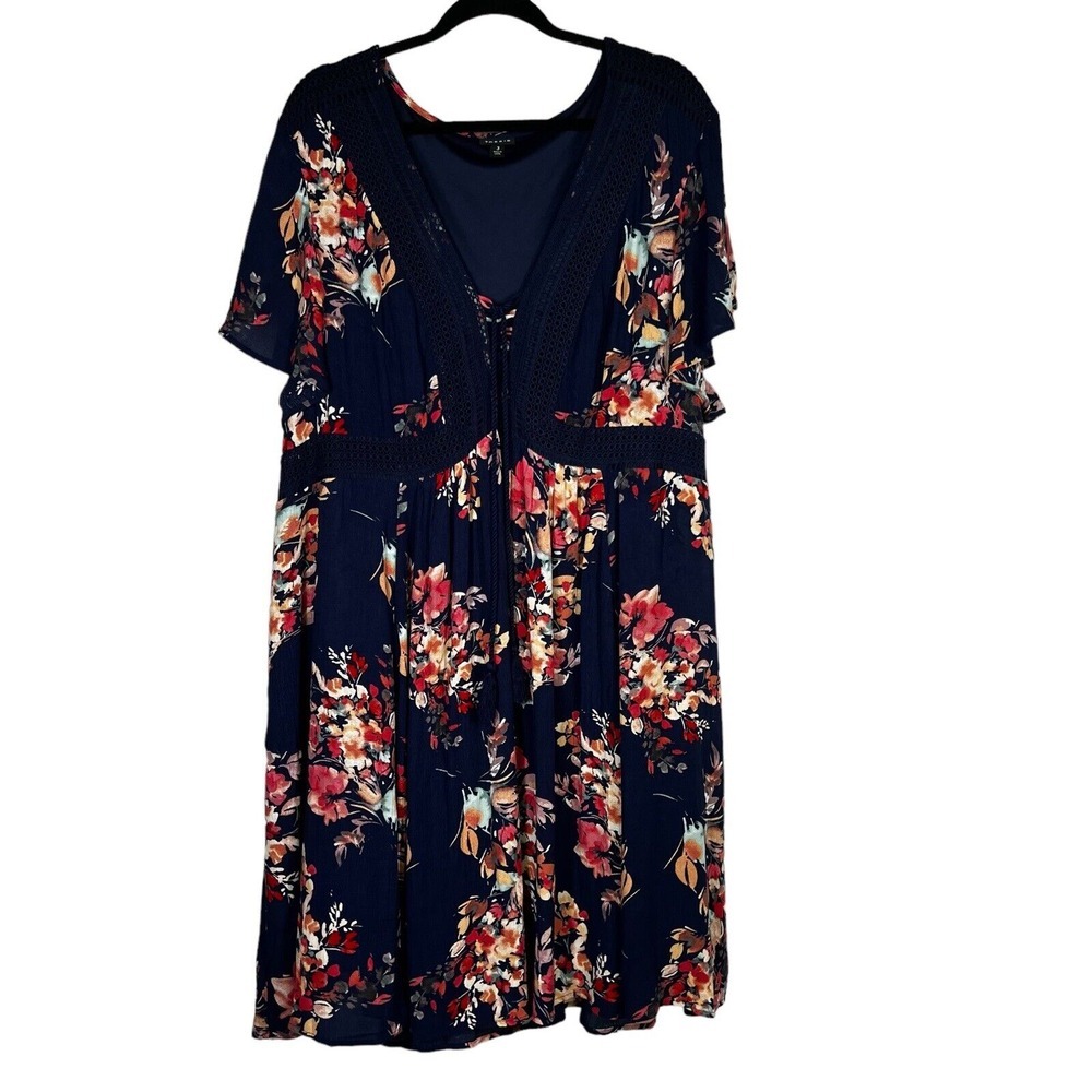 Torrid dress 3X Mini‎ Gauze Lace up Skater Dress Navy Floral Flutter Sleeve